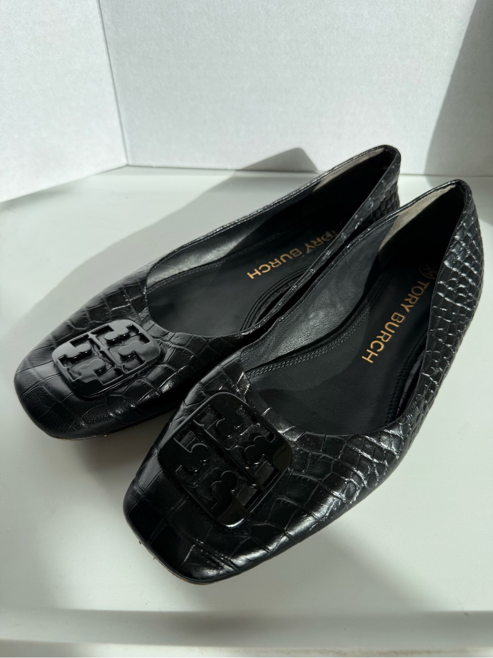Tory Burch Black Croc-Embossed Square-Toe Logo Flats